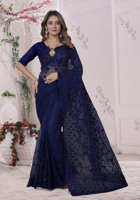 Navy Blue Embroidered Net Saree Set