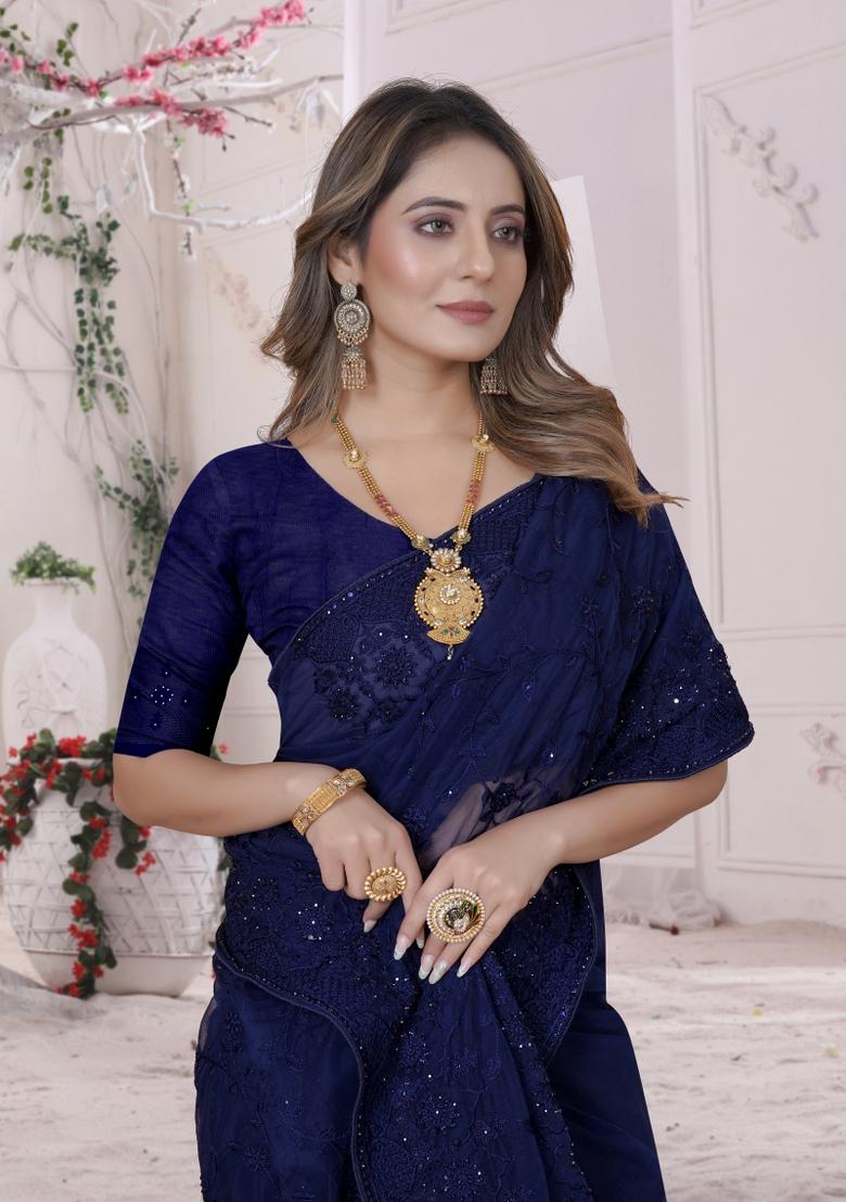 Navy Blue Embroidered Net Saree Set - Indya