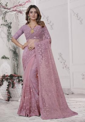 Dusty Pink Embroidered Net Saree Set