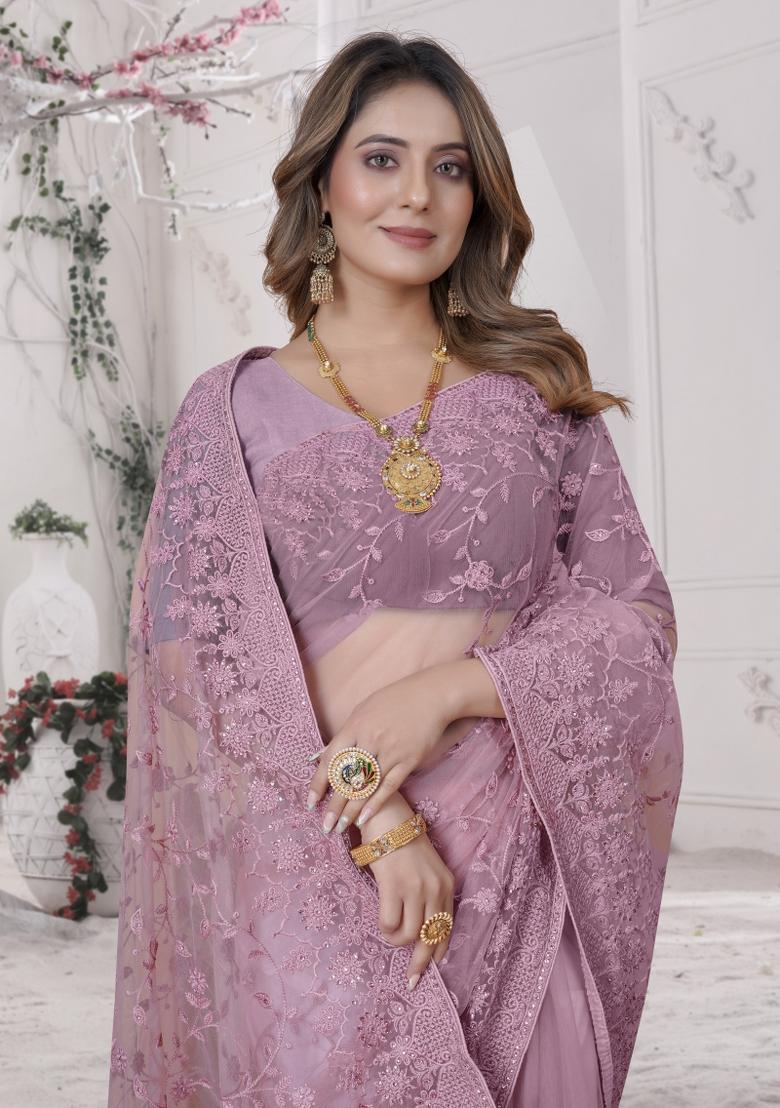 Dusty Pink Embroidered Net Saree Set - Indya
