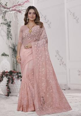 Dusty Peach Embroidered Net Saree Set