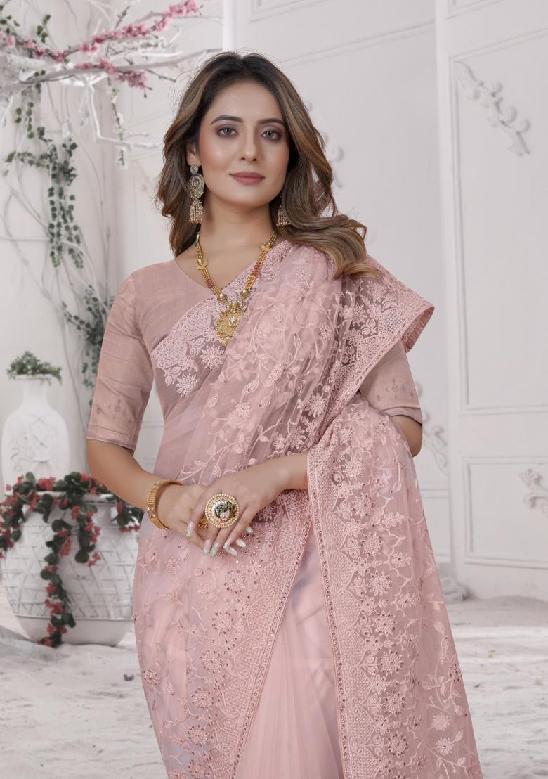 Dusty Peach Embroidered Net Saree Set - Indya