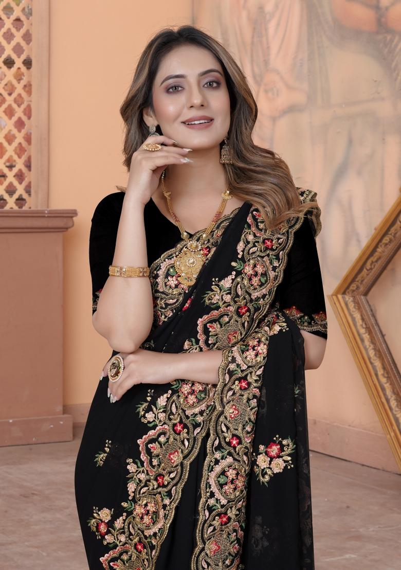 Black Embroidered Georgette Saree Set - Indya