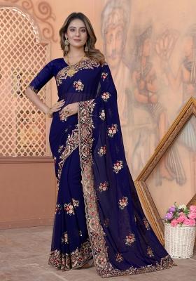 Navy Blue Embroidered Georgette Saree Set