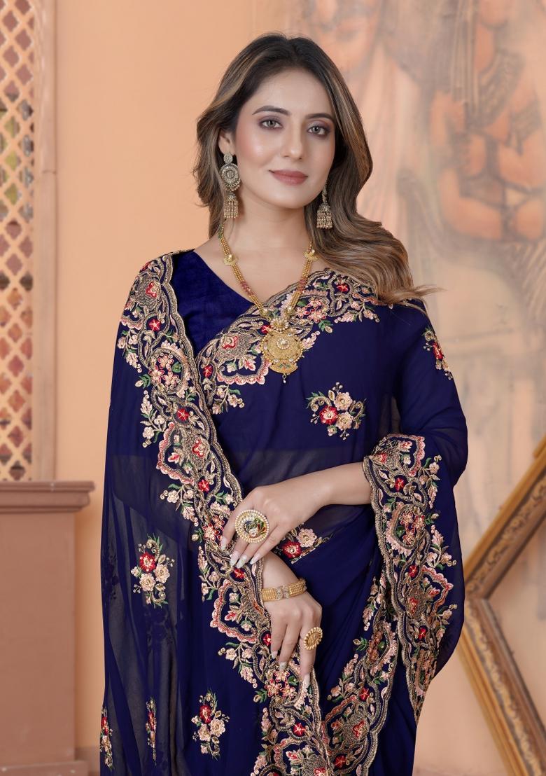 Navy Blue Embroidered Georgette Saree Set - Indya