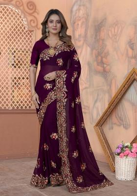 Wine Embroidered Georgette Saree Set