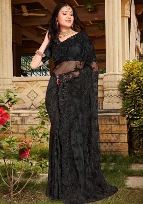 Black Embroidered Net Saree Set