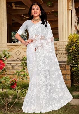 White Embroidered Net Saree Set
