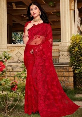 Red Embroidered Net Saree Set