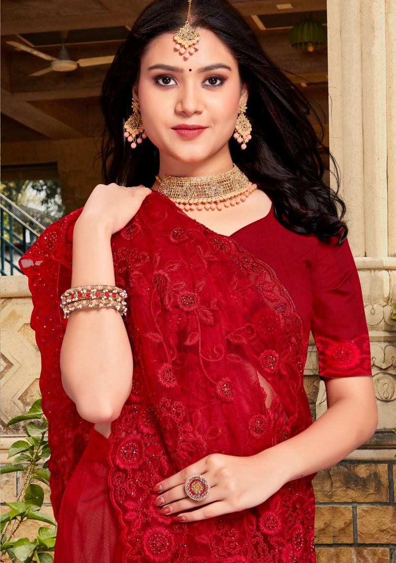 Red Embroidered Net Saree Set - Indya