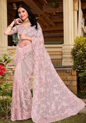 Dusty Peach Embroidered Net Saree Set