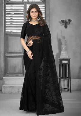 Black Embroidered Net Saree Set