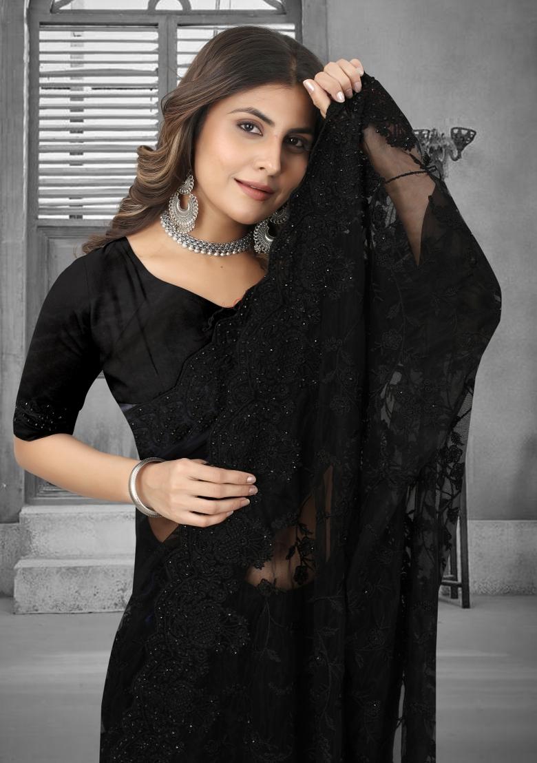 Black Embroidered Net Saree Set - Indya