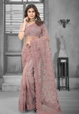 Lavender Embroidered Net Saree Set