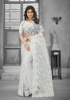 White Embroidered Net Saree Set