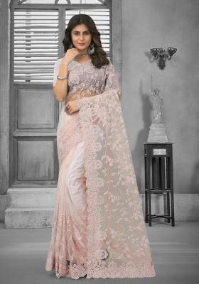 Dusty Peach Embroidered Net Saree Set