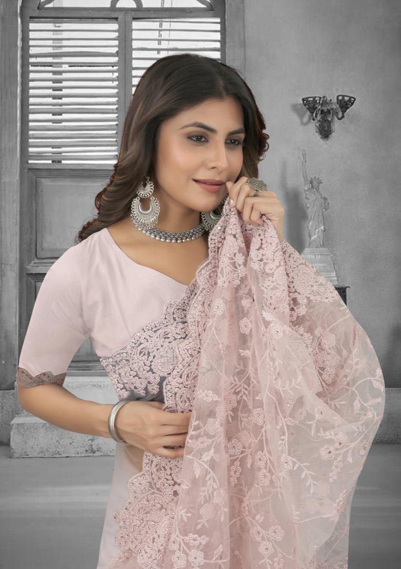 Dusty Peach Embroidered Net Saree Set - Indya