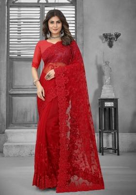 Red Embroidered Net Saree Set