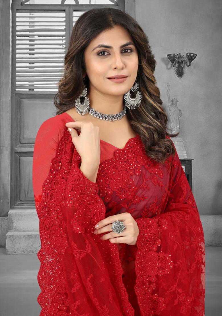 Red Embroidered Net Saree Set - Indya
