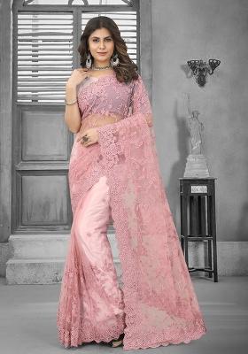 Dusty Pink Embroidered Net Saree Set