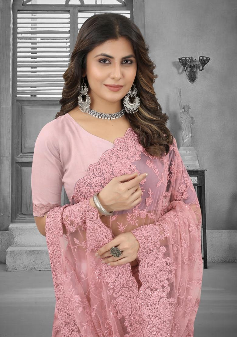 Dusty Pink Embroidered Net Saree Set - Indya
