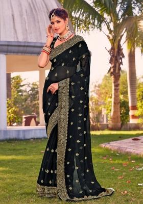 Black Embroidered Georgette Saree Set