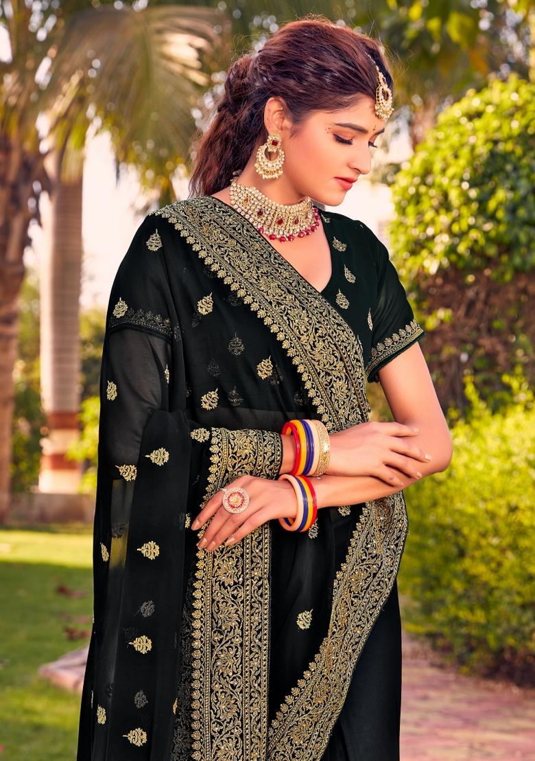 Black Embroidered Georgette Saree Set - Indya