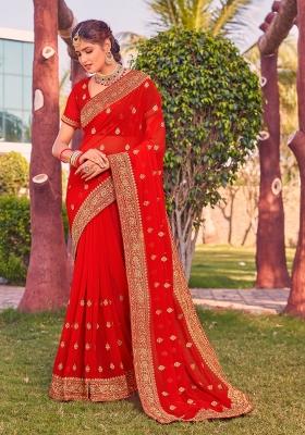 Red Embroidered Georgette Saree Set