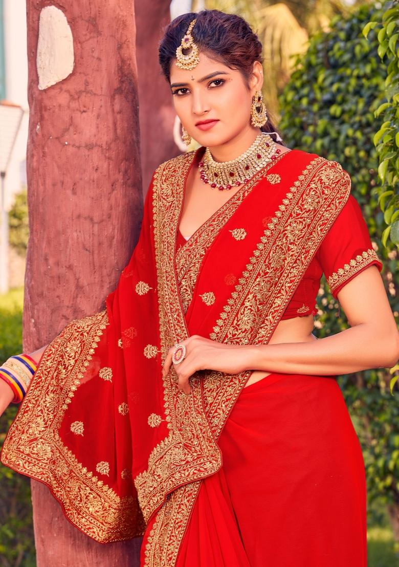 Red Embroidered Georgette Saree Set - Indya