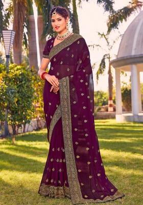 Wine Embroidered Georgette Saree Set