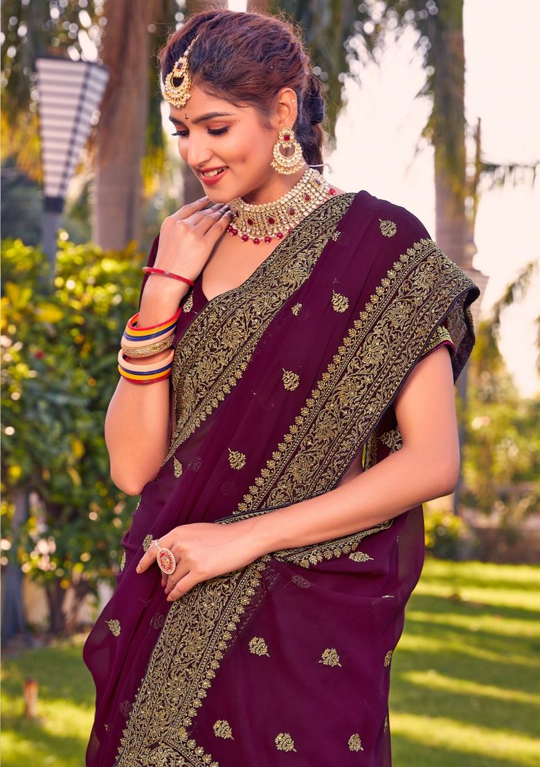 Wine Embroidered Georgette Saree Set - Indya