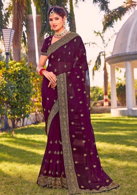 Wine Embroidered Georgette Saree Set