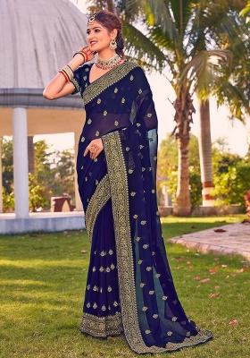 Navy Blue Embroidered Georgette Saree Set