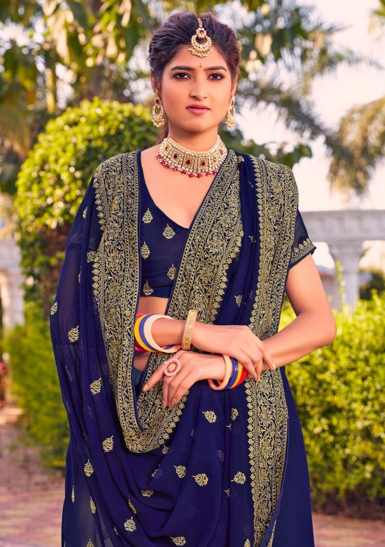 Navy Blue Embroidered Georgette Saree Set - Indya