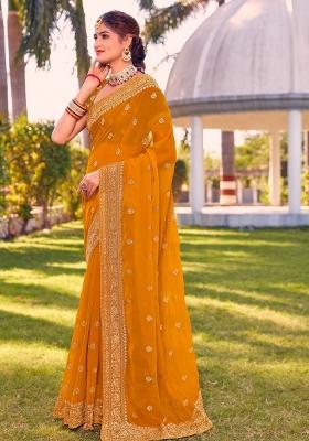 Mustard Embroidered Georgette Saree Set