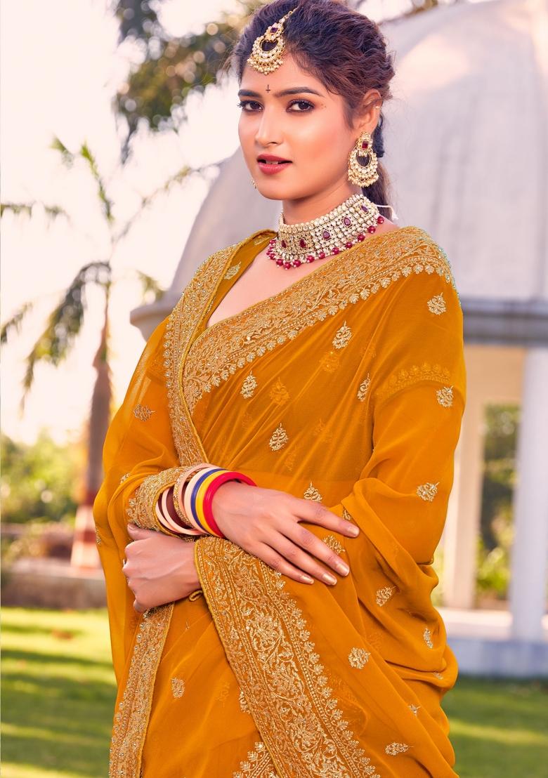 Mustard Embroidered Georgette Saree Set - Indya