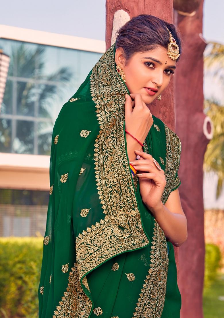 Bottal Green Embroidered Georgette Saree Set - Indya