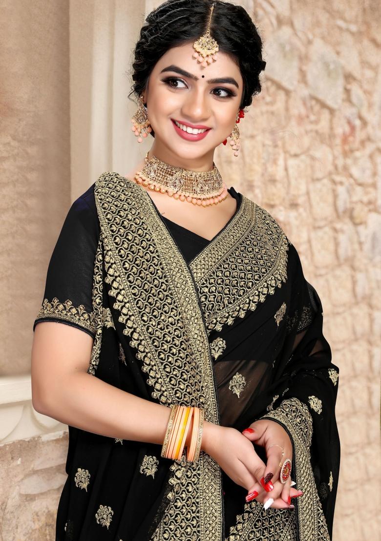 Black Embroidered Georgette Saree Set - Indya