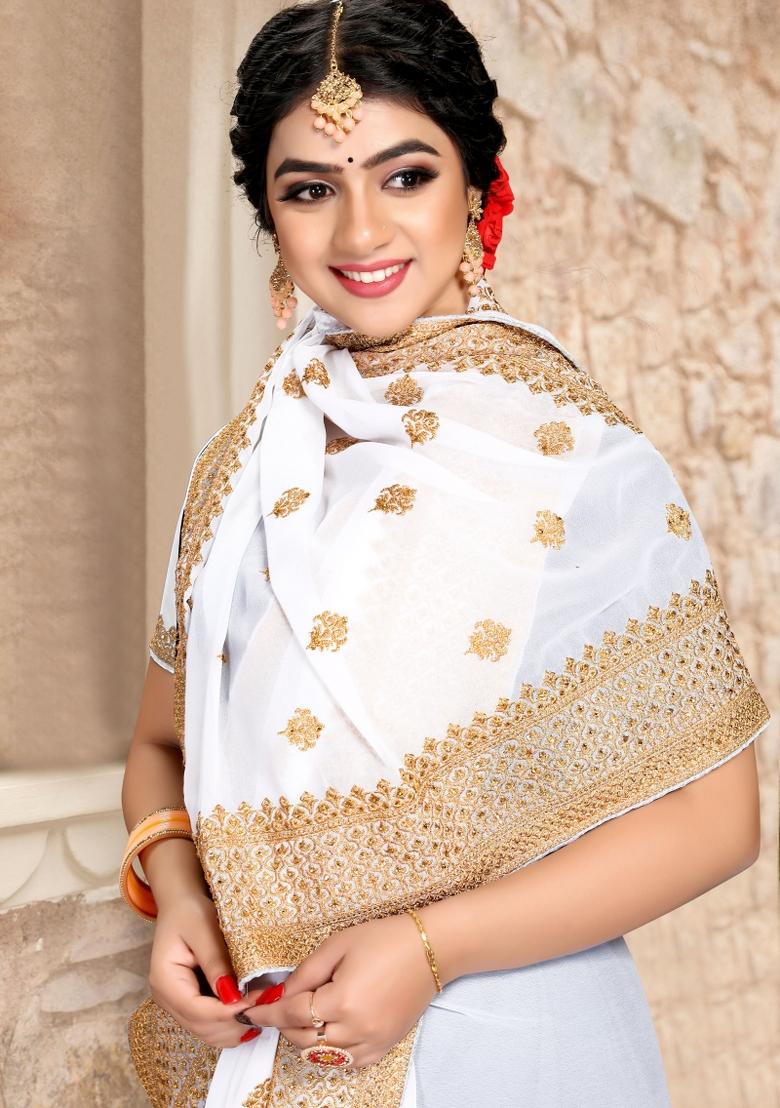 White Embroidered Georgette Saree Set - Indya