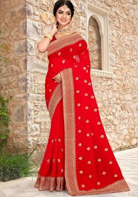 Red Embroidered Georgette Saree Set