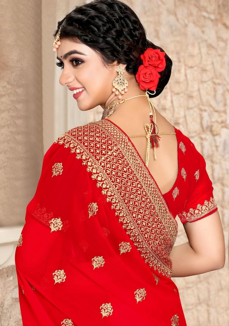 Red Embroidered Georgette Saree Set - Indya
