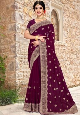 Wine Embroidered Georgette Saree Set