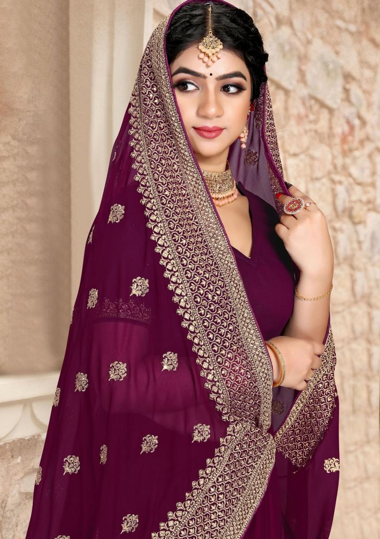 Wine Embroidered Georgette Saree Set - Indya