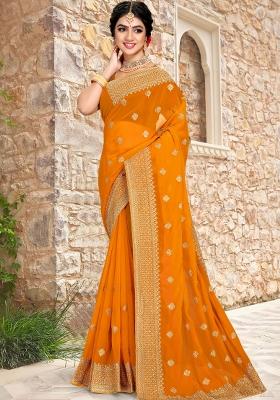 Mustard Embroidered Georgette Saree Set