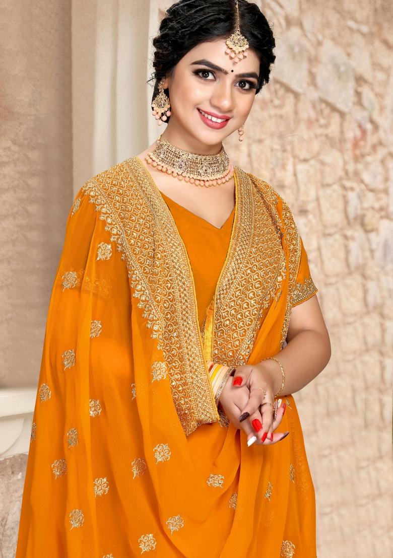Mustard Embroidered Georgette Saree Set - Indya