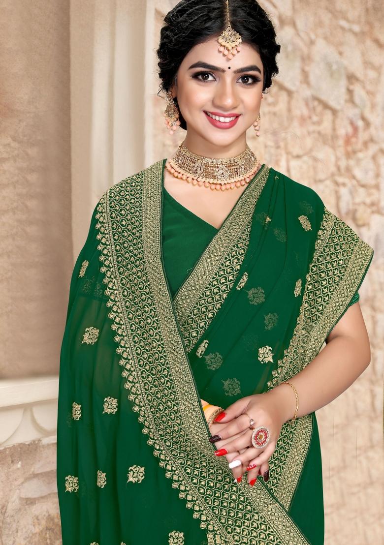 Bottal Green Embroidered Georgette Saree Set - Indya