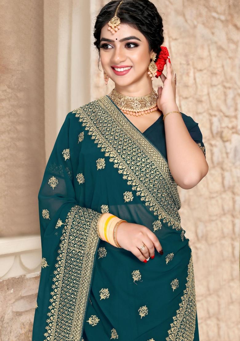 Morpeach Embroidered Georgette Saree Set - Indya