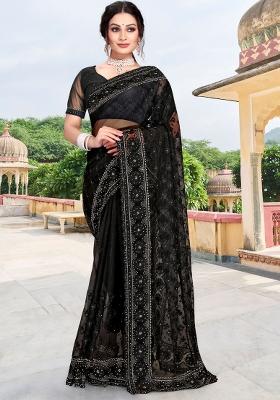 Black Embroidered Net Saree Set