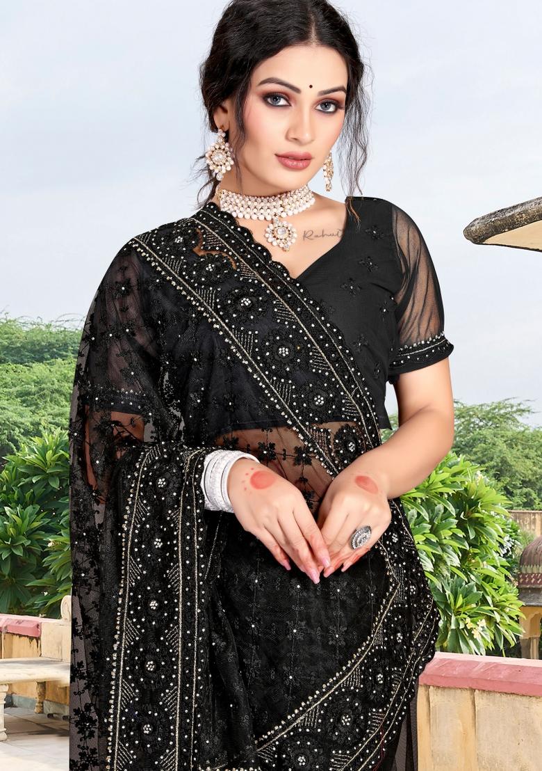 Black Embroidered Net Saree Set - Indya