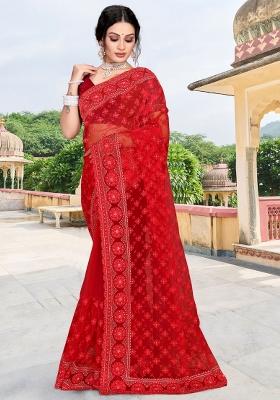 Red Embroidered Net Saree Set